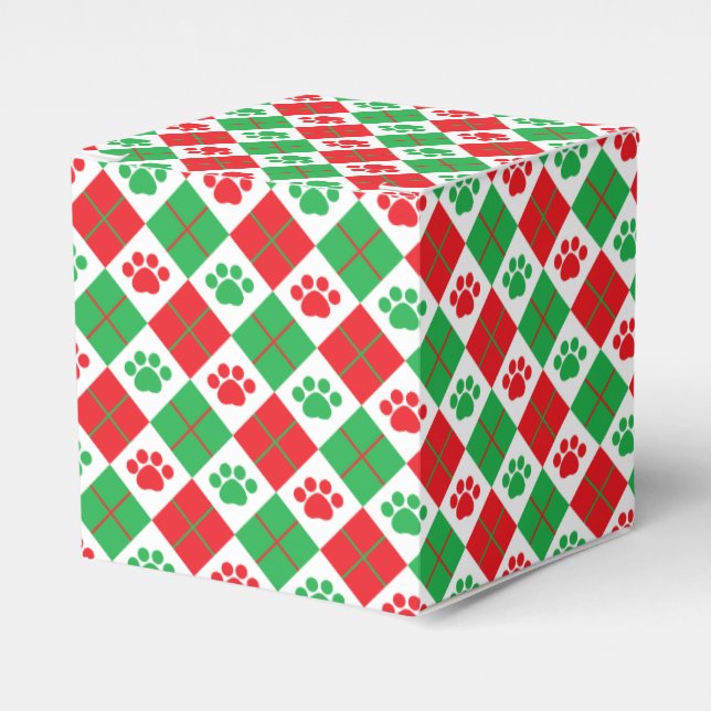 Red and Green Argyle Paw Print Favor Boxes (Front Side)