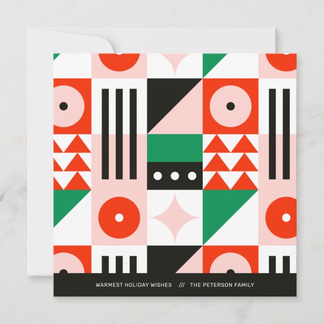 Red and Green Bauhaus Pattern Modern Holiday Card (Front)