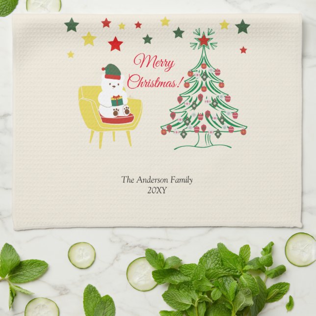 Red and Green Bear Tree Modern Merry Christmas Kitchen Towel (Folded)