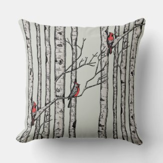 Red and Green Birch Trees and Red Cardinal Birds