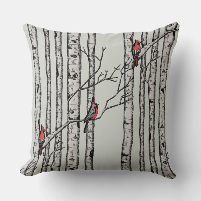 Red and Green Birch Trees and Red Cardinal Birds Throw Pillow (Front)