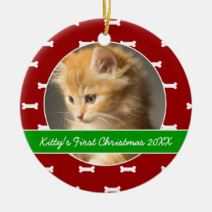 Red and Green Bones Prints Kitty's First Christmas Ceramic Ornament