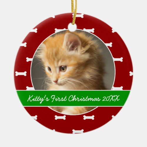 Red and Green Bones Prints Kittys First Christmas Ceramic Ornament