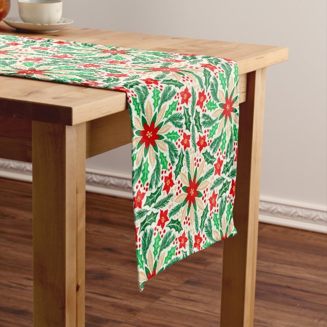 Red and Green Botanical Holiday Pattern  Short Table Runner (In Situ)