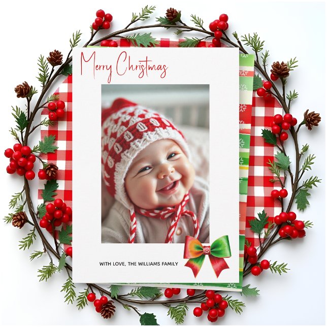 Red and green bow Merry Christmas photo Holiday Card (Creator Uploaded)