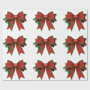 Red and Green Bow With Holly White Wrapping Paper