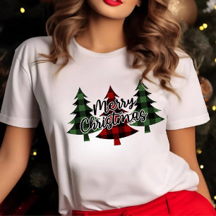 Red and Green Buffalo Plaid Merry Christmas Trees T-Shirt