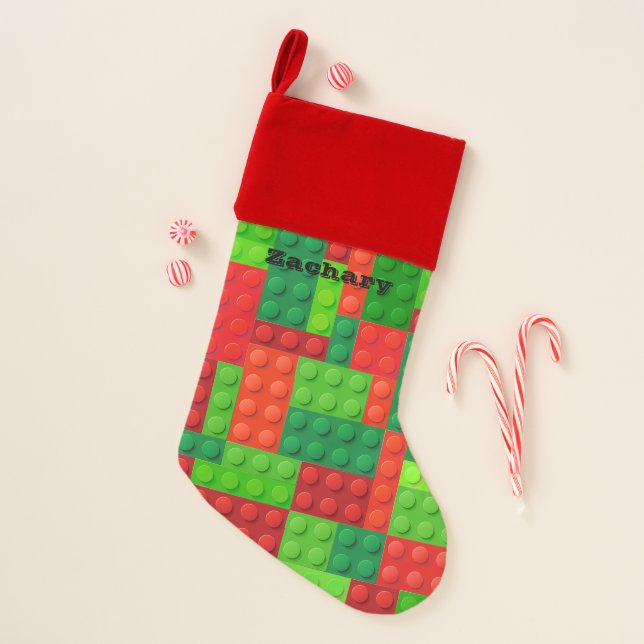 Red and Green Building Bricks Blocks Christmas Stocking (Front)