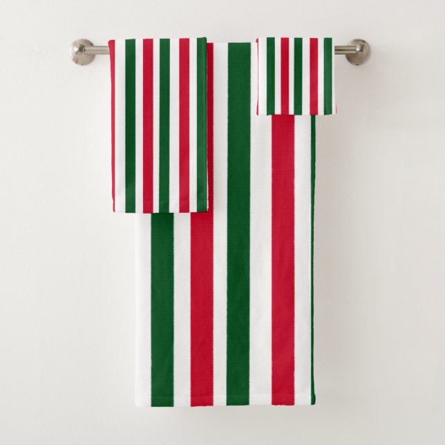 Red and Green Candy Cane Christmas Stripes  Bath Towel Set (Insitu)