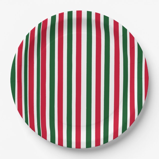 Red and Green Candy Cane Christmas Stripes  Paper Plates (Front)