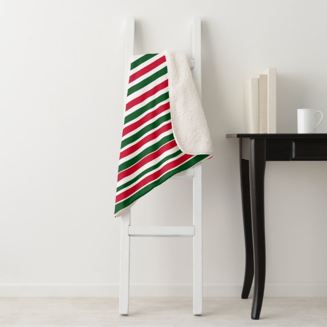 Red and Green Candy Cane Christmas Stripes  Sherpa Blanket (In Situ)