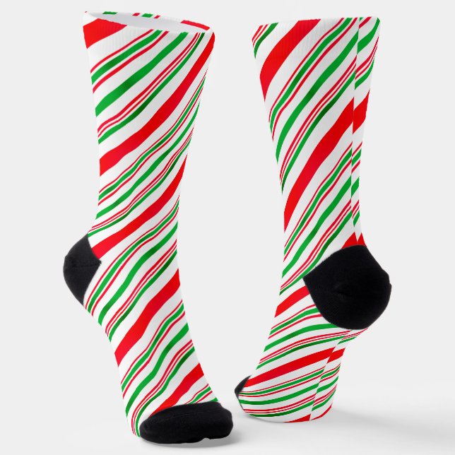 Red and Green Candy Cane Pattern Classic Christmas Socks (Angled)