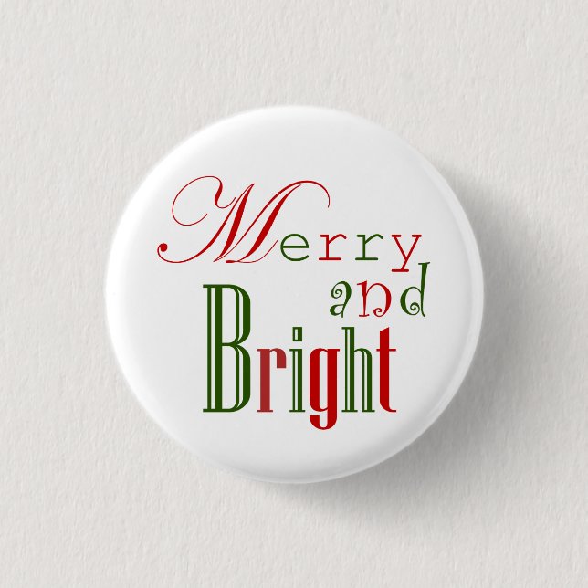 Red and Green Candy Cane Striped Merry and Bright Button (Front)