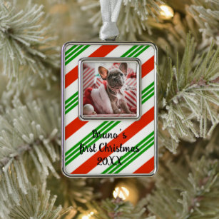 Red and Green Candy Cane Striped Pet Photo Christmas Ornament