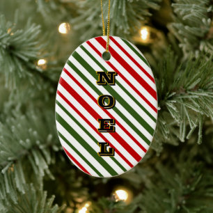 Red and Green Candy Stripes Noel Christmas Ceramic Ornament