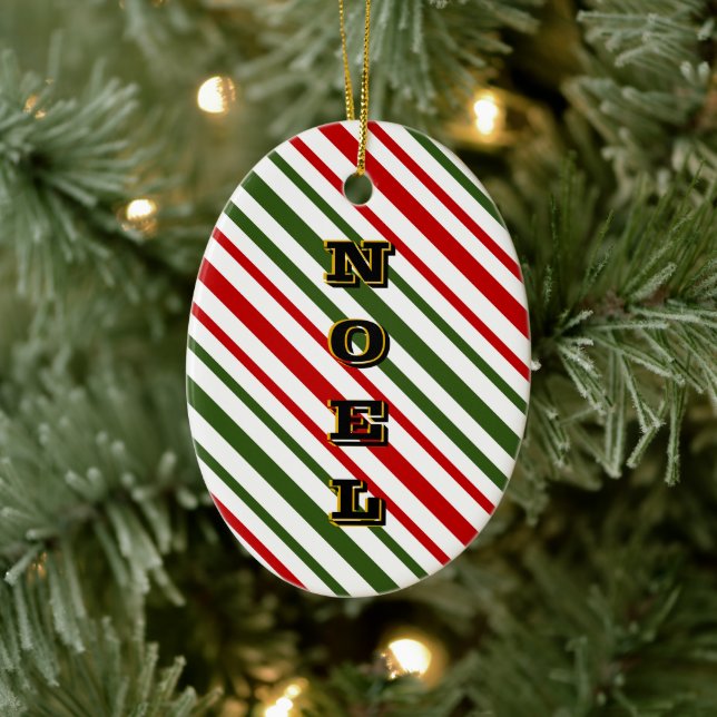 Red and Green Candy Stripes Noel Christmas  Ceramic Ornament (Tree)