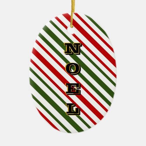 Red and Green Candy Stripes Noel Christmas  Ceramic Ornament