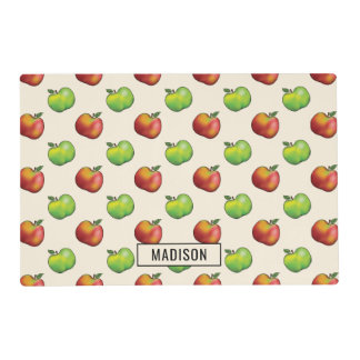 Red And Green Cartoon Apple Fruits Pattern &amp; Name Placemat