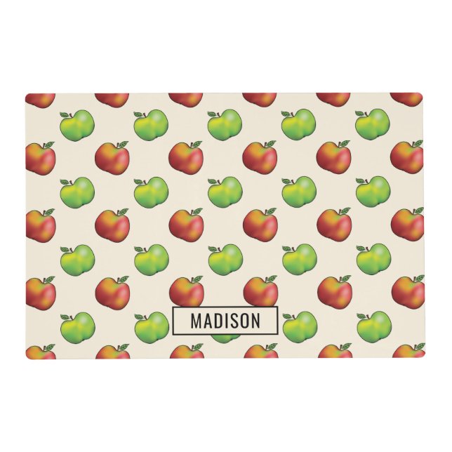 Red And Green Cartoon Apple Fruits Pattern & Name Placemat (Front)