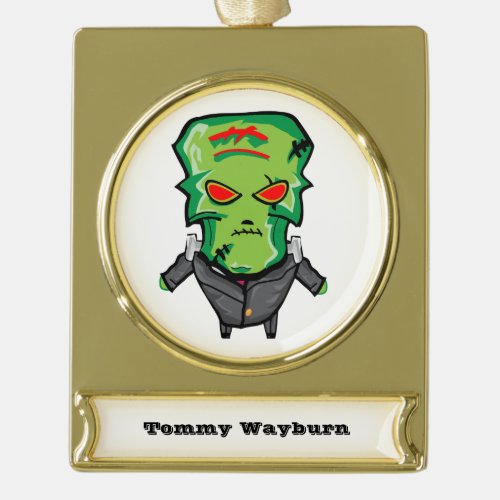 Red and green cartoon creepy monster gold plated banner ornament