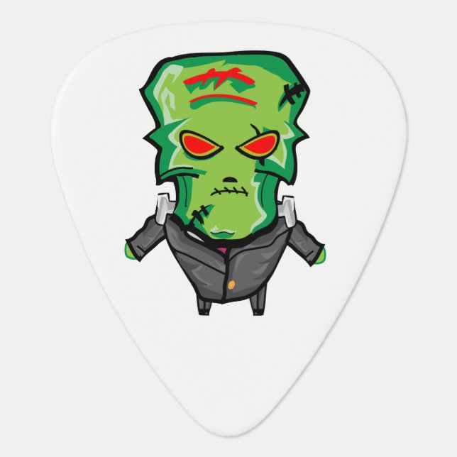 Red and green cartoon creepy monster guitar pick (Front)