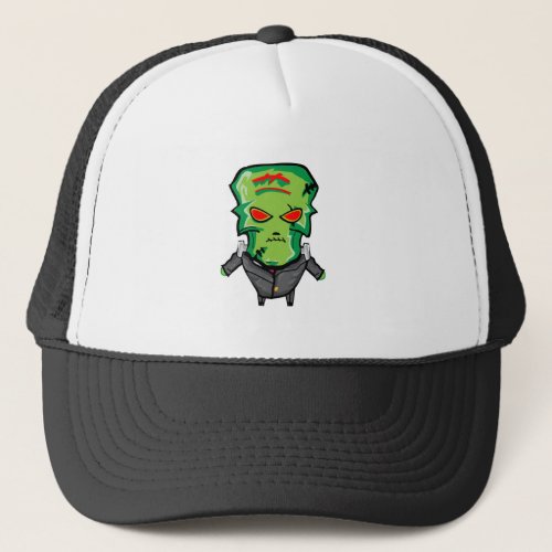 Red and green cartoon creepy monster trucker hat