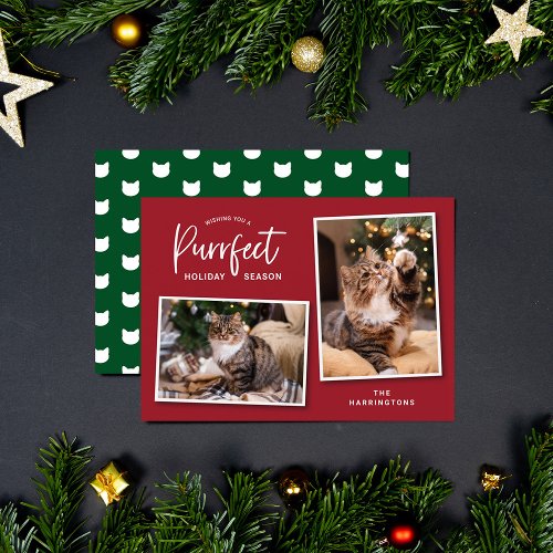 Red and Green Cat Face Purrfect Holiday Photo Card