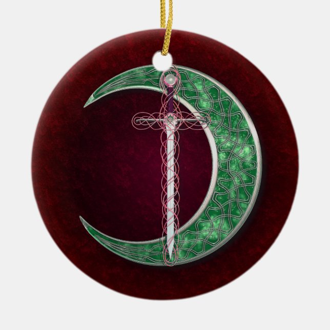 Red And Green Celtic Moon Ceramic Ornament (Front)