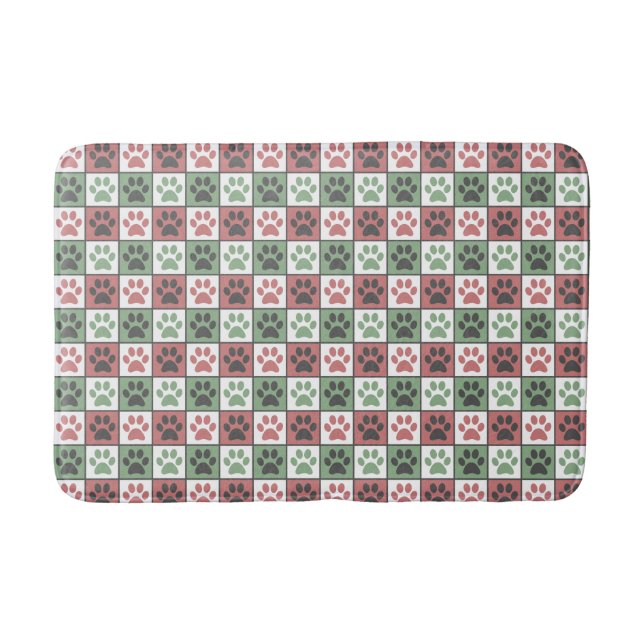 Red and Green Checkered Dog Paw Print Pattern   Bath Mat (Front)