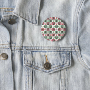 Red and Green Checkered Dog Paw Print Pattern Button