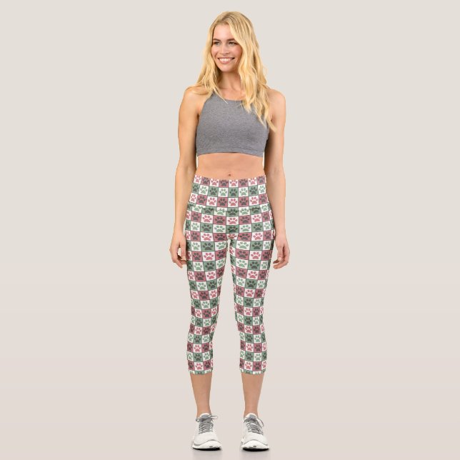 Red and Green Checkered Dog Paw Print Pattern  Capri Leggings (Front)