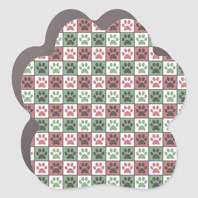 Red and Green Checkered Dog Paw Print Pattern Car Magnet (Front)