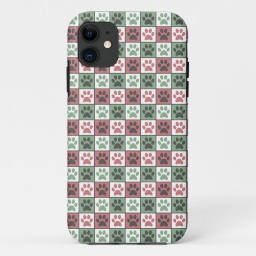 Red and Green Checkered Dog Paw Print Pattern  iPhone 11 Case