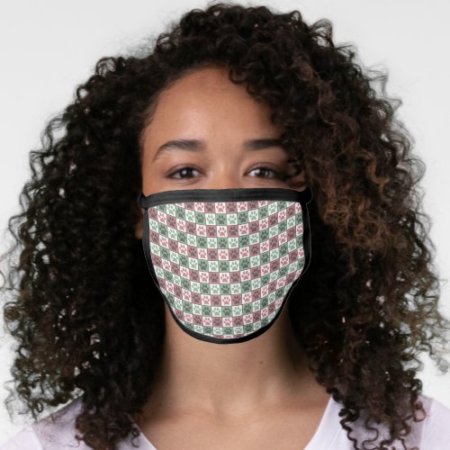 Red and Green Checkered Dog Paw Print Pattern  Face Mask