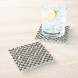 Red and Green Checkered Dog Paw Print Pattern Glass Coaster