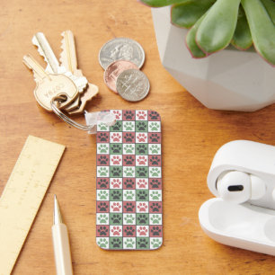 Red and Green Checkered Dog Paw Print Pattern Keychain
