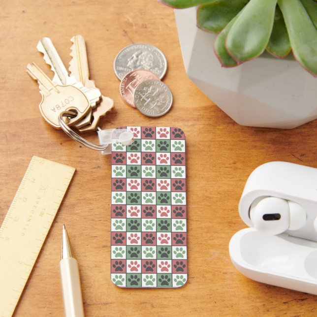 Red and Green Checkered Dog Paw Print Pattern Keychain (Desk)