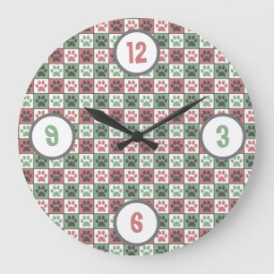 Red and Green Checkered Dog Paw Print Pattern Large Clock