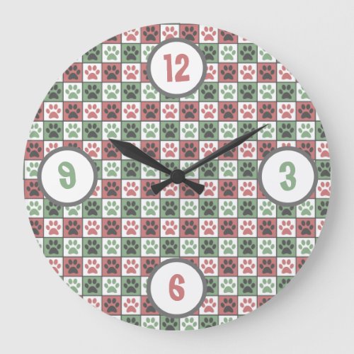 Red and Green Checkered Dog Paw Print Pattern   Large Clock