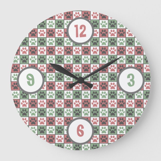 Red and Green Checkered Dog Paw Print Pattern   Large Clock (Front)