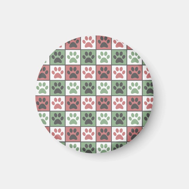 Red and Green Checkered Dog Paw Print Pattern  Magnet (Front)