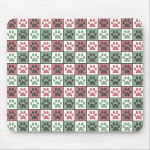 Red and Green Checkered Dog Paw Print Pattern Mouse Pad