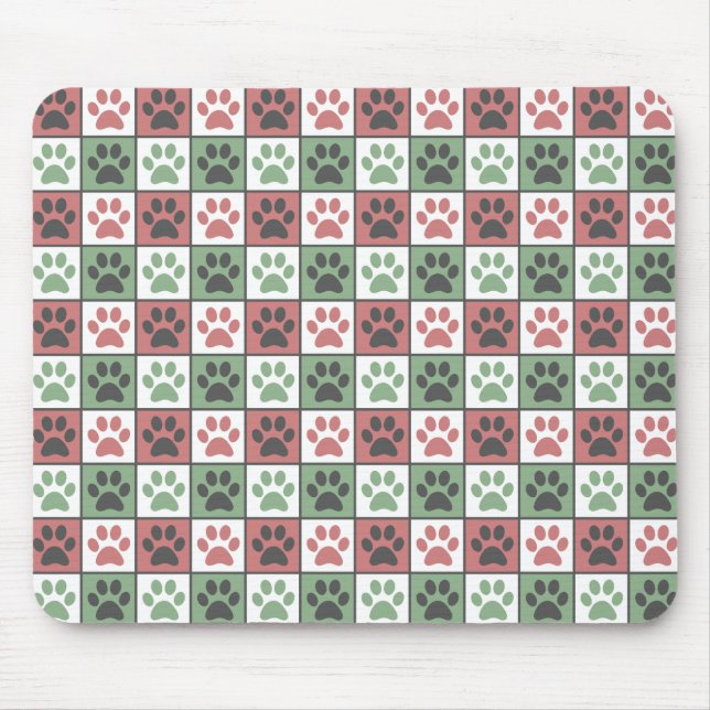 Red and Green Checkered Dog Paw Print Pattern Mouse Pad (Front)