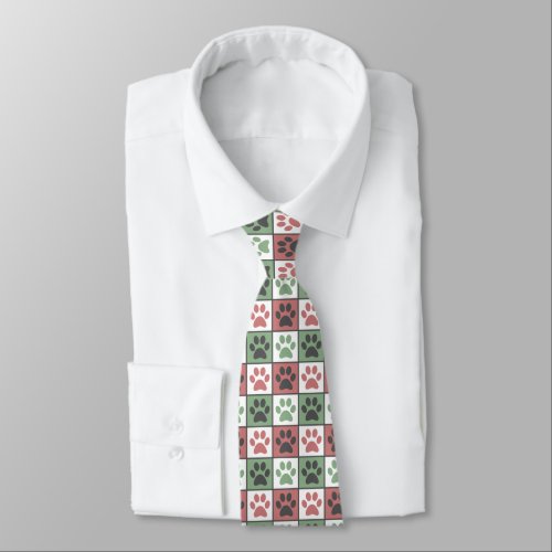 Red and Green Checkered Dog Paw Print Pattern  Neck Tie