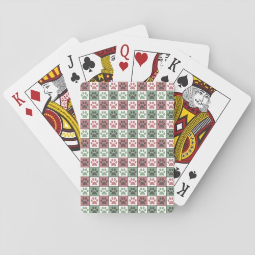 Red and Green Checkered Dog Paw Print Pattern   Poker Cards
