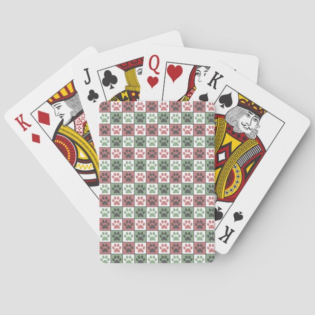 Red and Green Checkered Dog Paw Print Pattern   Poker Cards (Back)