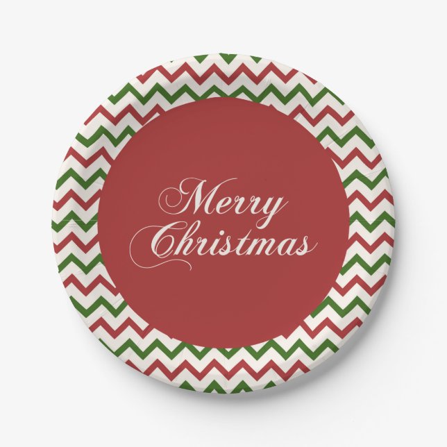 Red and Green Chevron Christmas Pattern Paper Plates (Front)