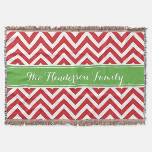 Red and Green Chevron Family Monogram Throw Blanket