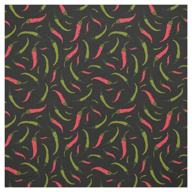 Red and Green Chilli Peppers on Black Fabric (Swatch)