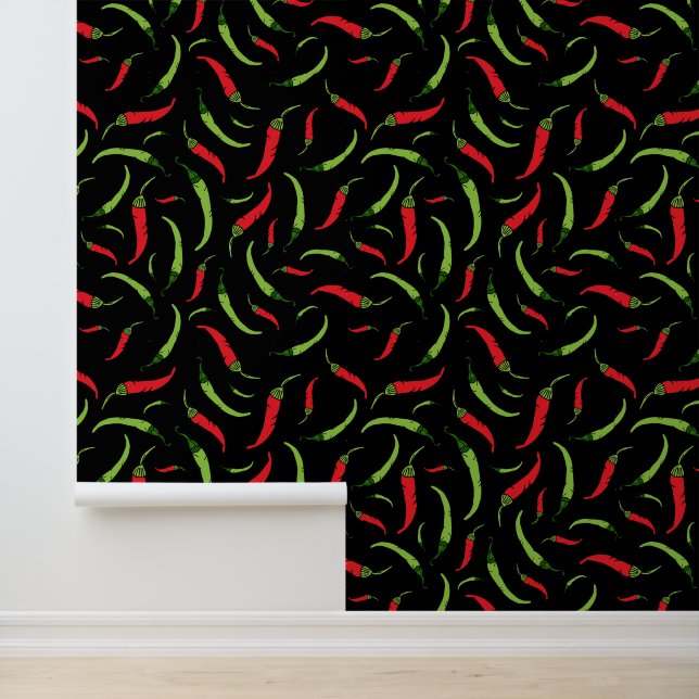 Red and Green Chilli Peppers Pattern on Black Wallpaper (Application)